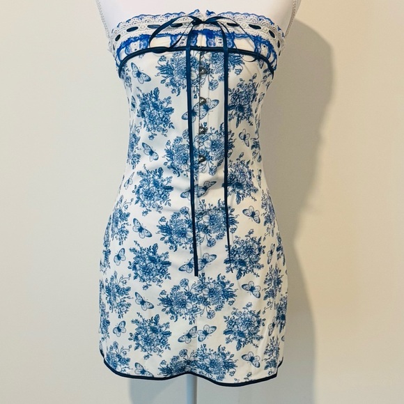 Blue Floral Corset Mini Dress Y2K Toile Strapless Bow Style 💙 - Picture 1 of 9